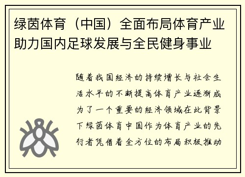 绿茵体育（中国）全面布局体育产业助力国内足球发展与全民健身事业