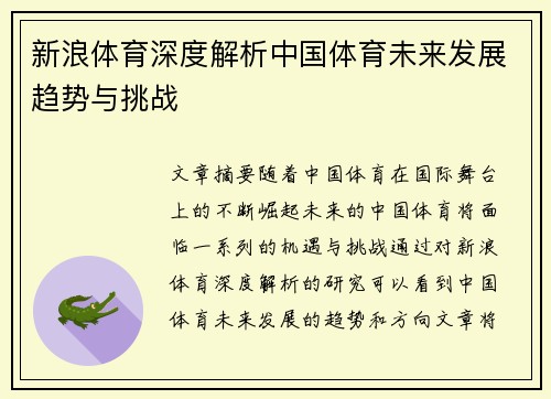 新浪体育深度解析中国体育未来发展趋势与挑战