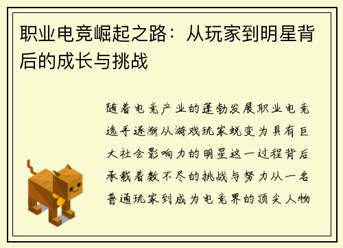 职业电竞崛起之路：从玩家到明星背后的成长与挑战